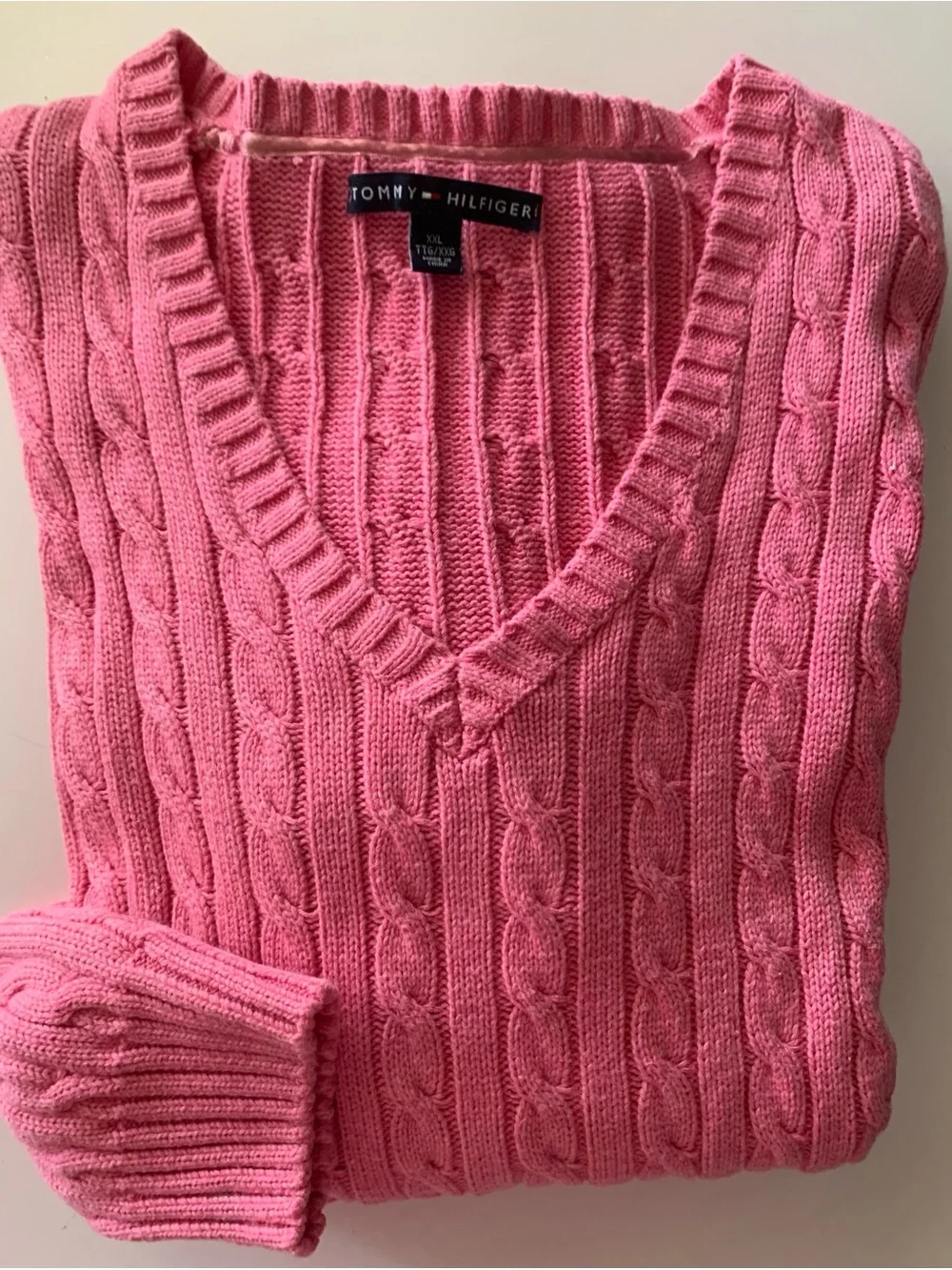 Tommy Hilfiger Sweater Women Pink Cable Knit V-Neck Long Sleeve Size XXL